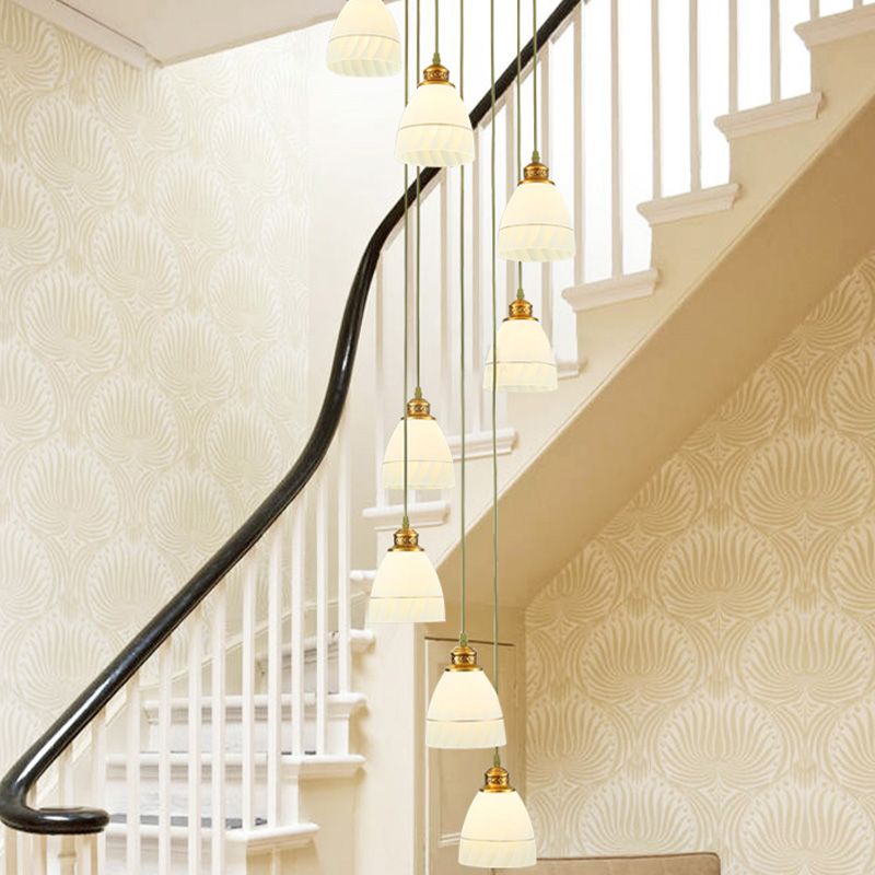 8-Head Pendant Lighting Modernism Stair Multi Ceiling Light with Bell/Dome White Glass Shade