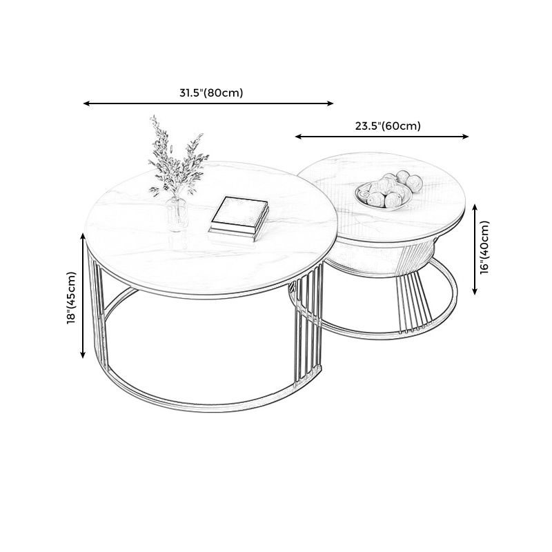 Round White Slate Coffee Table with Shelf Frame Base 2 Nestling Cocktail Table