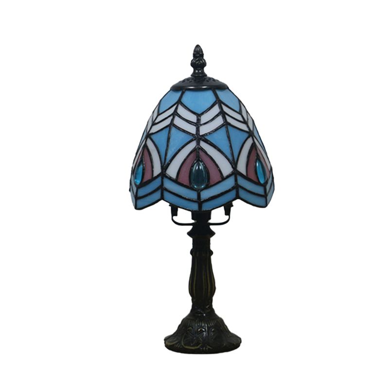 Beige/Pink Bowl Night Lamp Mediterranean 1 Bulb Hand Cut Glass Floral/Peacock Tail Patterned Table Lighting for Bedside