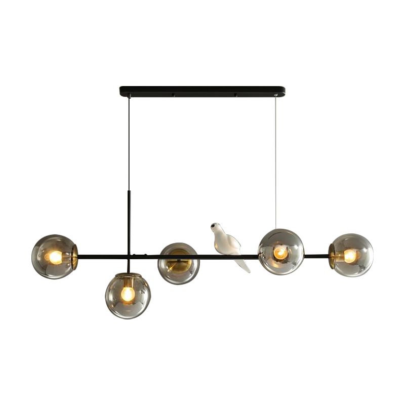 Industrial 5-Light Island Pendant with Amber/Milky White/Smoke Grey Glass Shade Brass Sphere Ceiling Light with Adjustable Cord