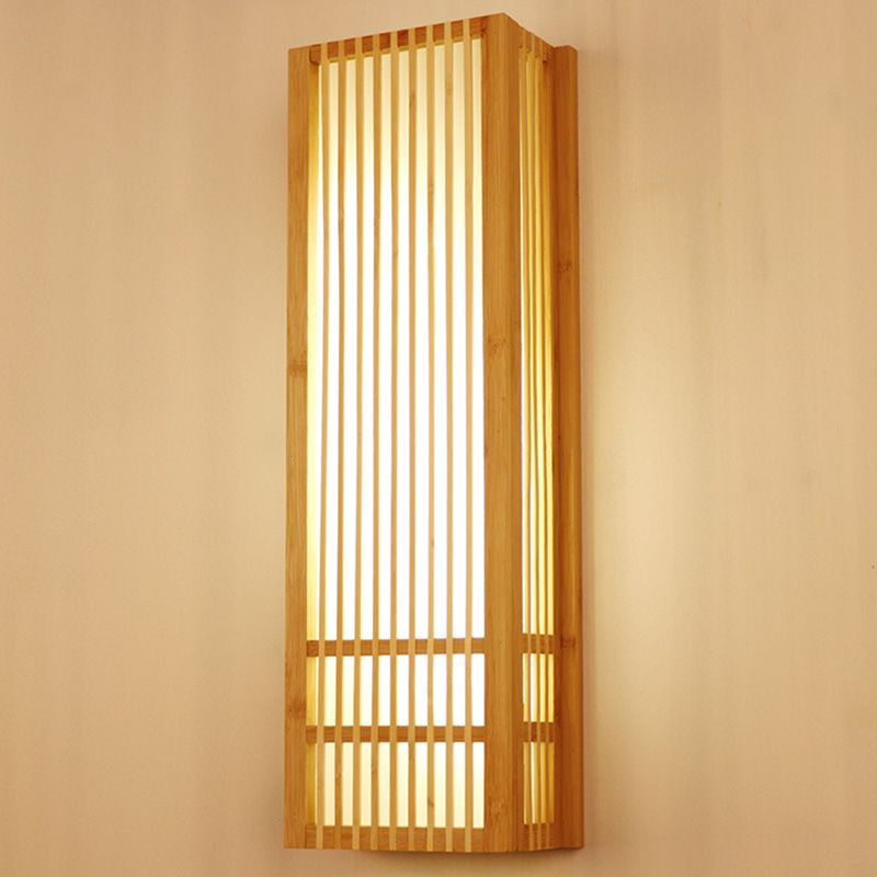 Beige Rectangular Wall Sconce Lighting Asian Style Single Bulb 4"/6" Wide Wooden Wall Mount Lamp for Bedroom