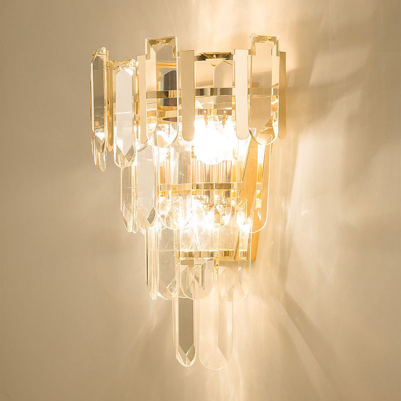 Gold 4 Layers Wall Mounted Light Modern 3 Heads Crystal Block Sconce Light Fixture