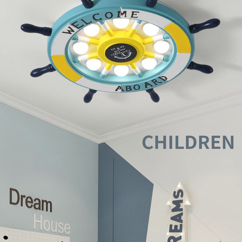 Children's Room Ceiling Light Creative Boy Bedroom Mediterranean Style Ocean Cartoon Wooden Pirate Ship Rudder Energy-saving Lamps