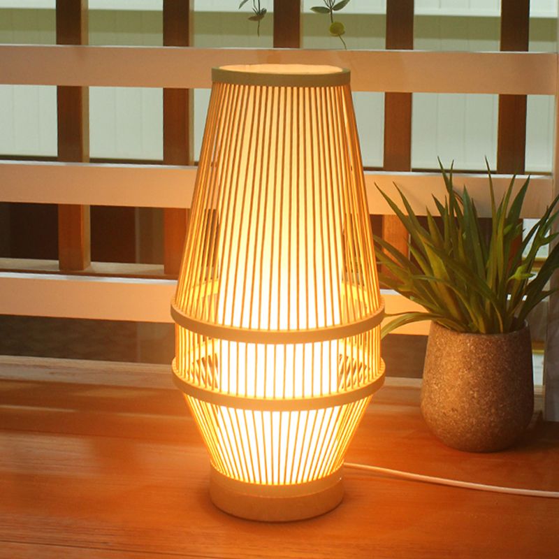 Basket Bamboo Desk Lamp Japanese 1 Head Beige Task Light with Inner White Tubular Shade