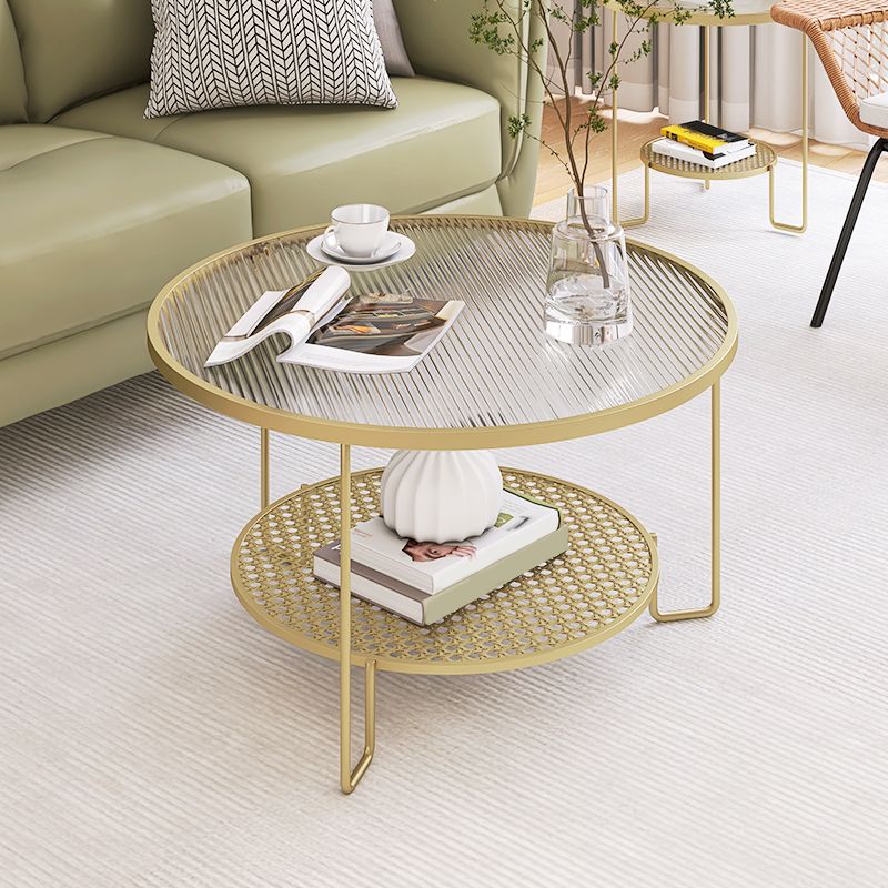 Contemporary Cocktail Table with Glass Top and Iron Base and Shelf