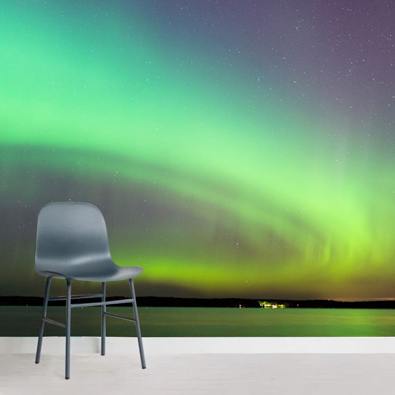 Modern Aurora Across Lake Mural Green and Yellow Indoor Wall Decor, Made to Measure