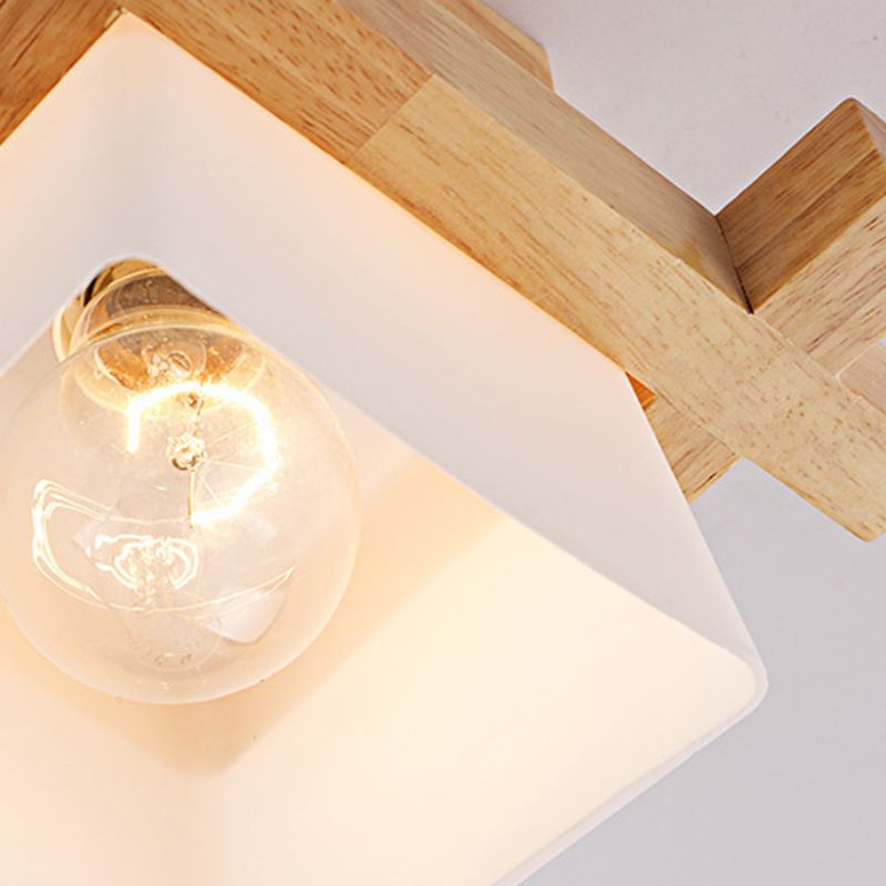 Lámpara colgante trapezoidal de vidrio opalino con decoración de madera, lámpara de techo de estilo japonés de 1 cabezal en blanco para dormitorio
