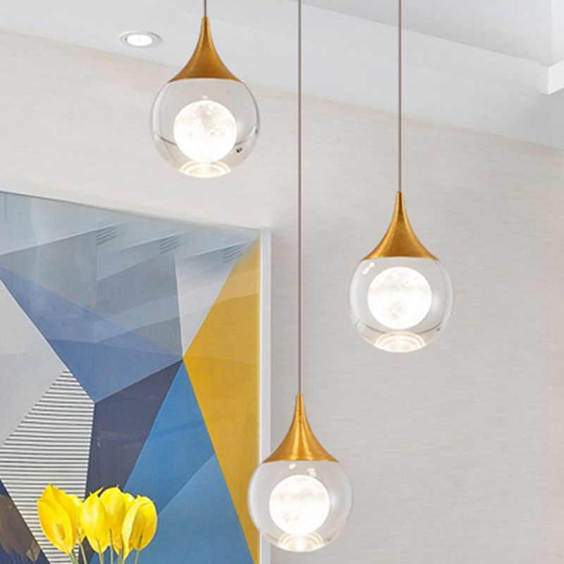 Minimalism Sphere Hanging Pendant Clear Crystal LED Suspension Light in Gold for Bedroom
