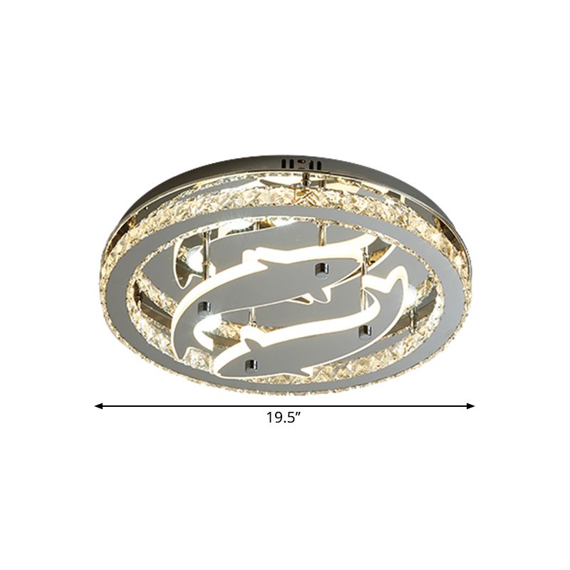 Contemporary Circle Flushmount Crystal Block Sleeping Room LED Ceiling Mounted Light with Fish Design in Chrome