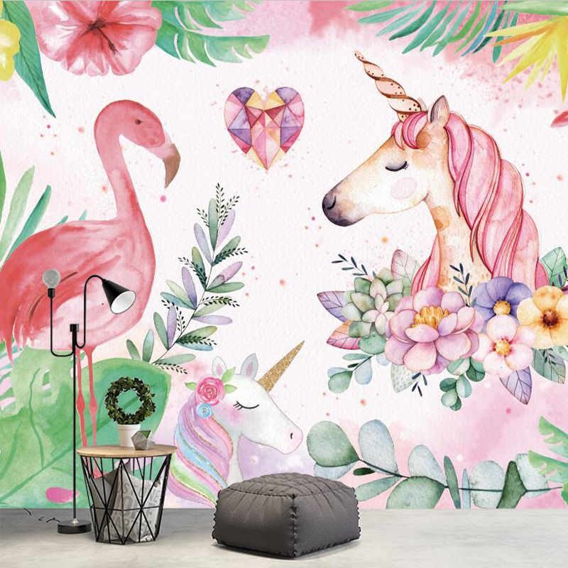Stylish Unicorn and Flamingo Murals Pink and Green Stain Resistant Wall Art for Bedroom