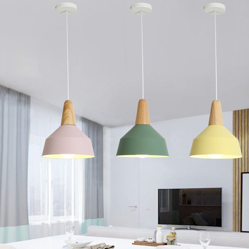 Metal 1 Light Hanging Light Nordic Style Restaurant Ceiling Pendant Lamp with Wooden Top