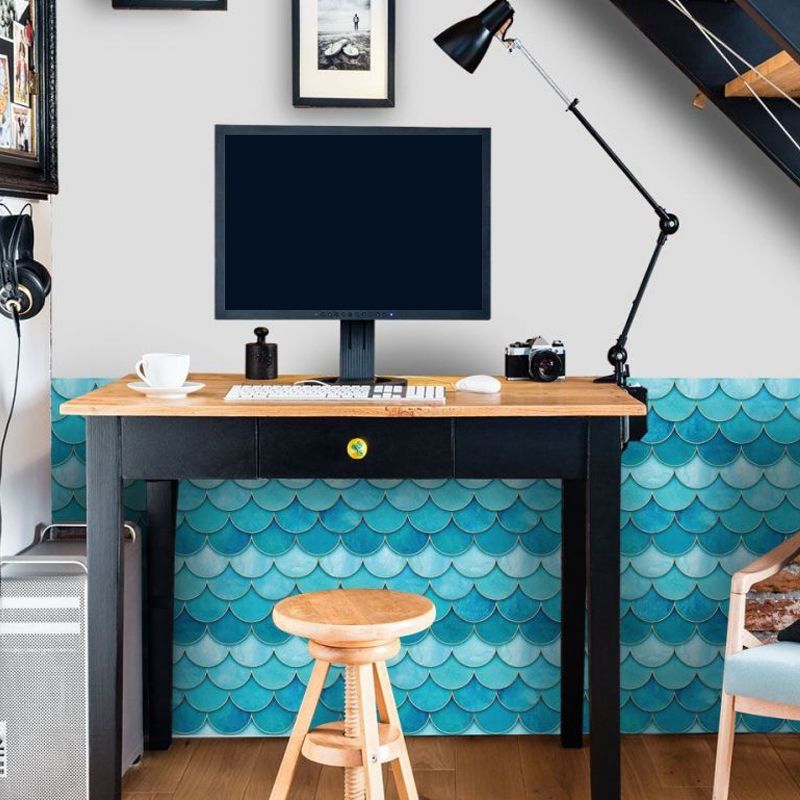 Modern Art Fishscale Stick Wallpapers in Blue Bathroom Wall Covering, 3.4-sq ft (4 Pieces)