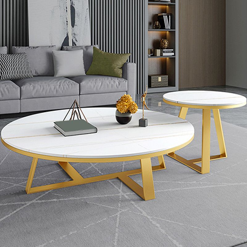 Glam Oval Stone Top Coffee Table with Iron Cross Base 17.71" High