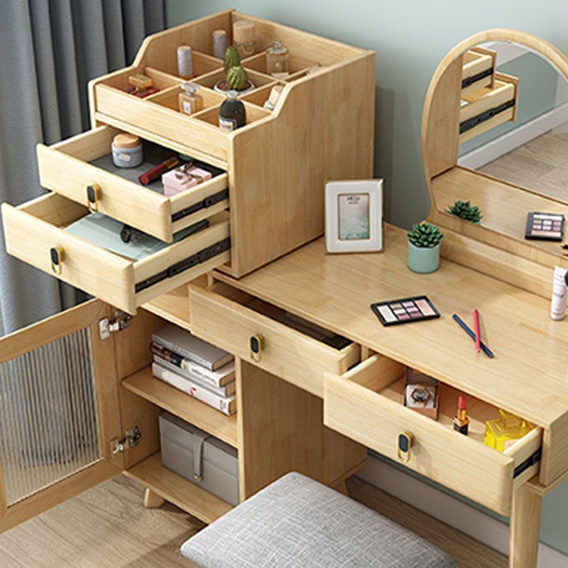 Wood Vanity Set with Stool and Mirror 4 Drawers Dresser Modern Style