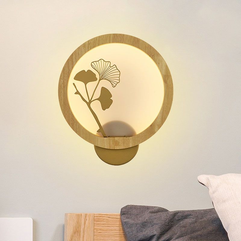 Aziatische stijl Ginkgo Biloba Led Mural Light Wood Family Room Wandverlichting in zwart/beige