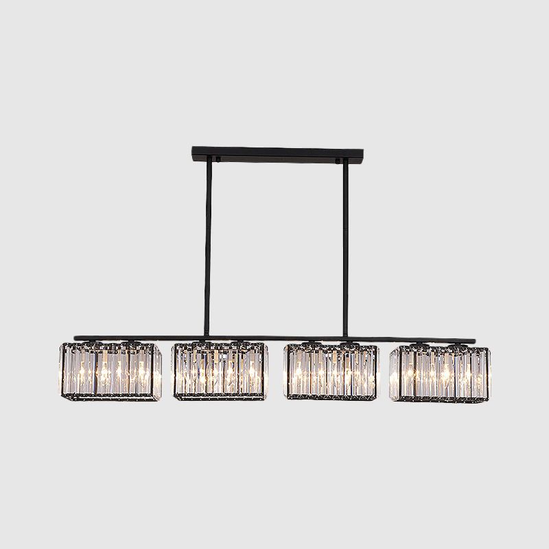 4/6/8 Heads Island Chandelier Contemporary Cuboid Shade Clear Crystal Hanging Light Fixture in Black