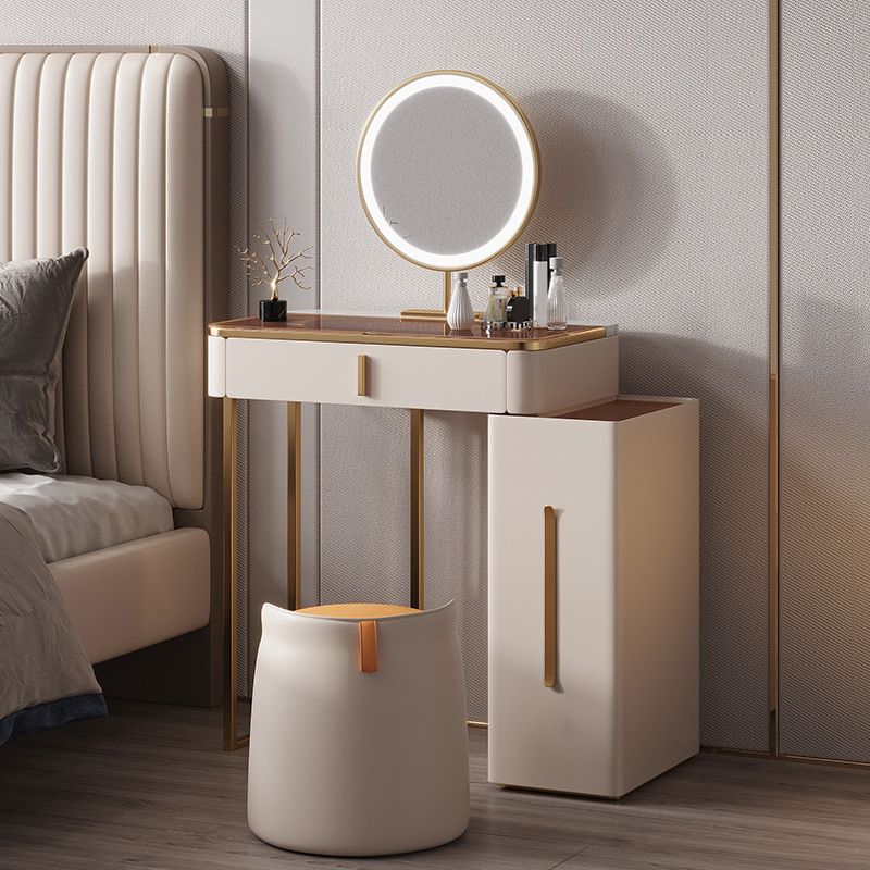 Luxurious Glass Vanity Table with Mirror & Stool 3 Drawers Beige Dressing Table