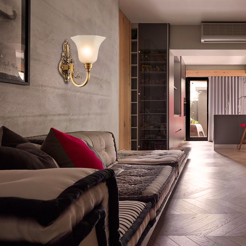 Vintage Curved Wall Mount Lamp 1/2-Head Brass Metallic Wall Sconce Light with White Glass Bell Shade