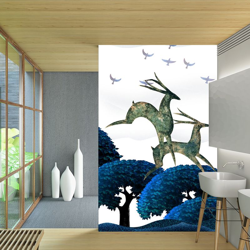 Scandinavian Deers Mural Wallpaper for Bedroom Customized Wall Covering in Blue-Green