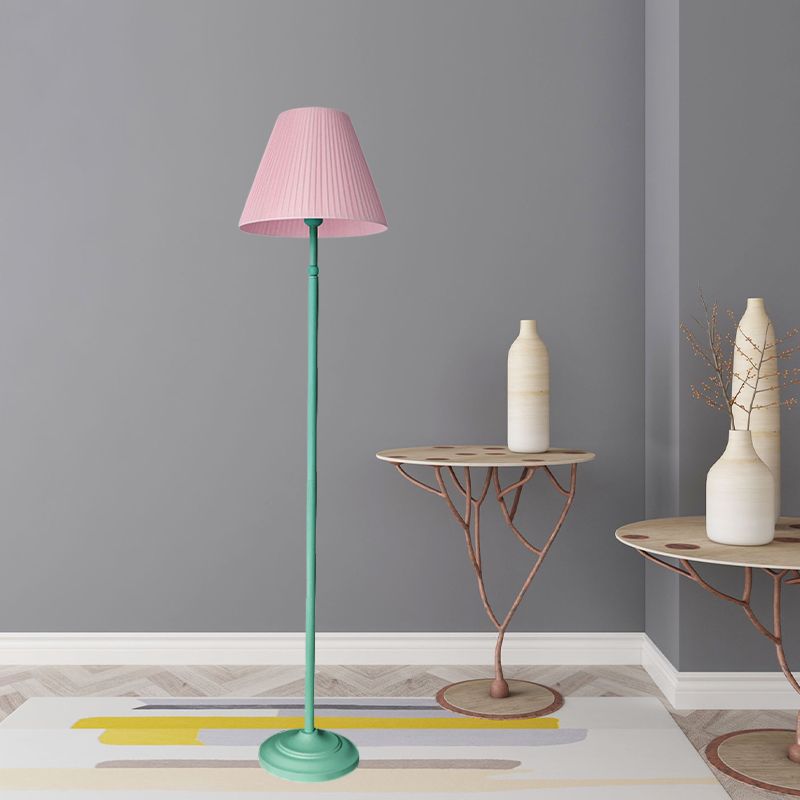 Macaron Straight Rod Iron Floor Light 1-Light Standing Floor Lamp in Pink/Green with Pink/Yellow Pleated Shade