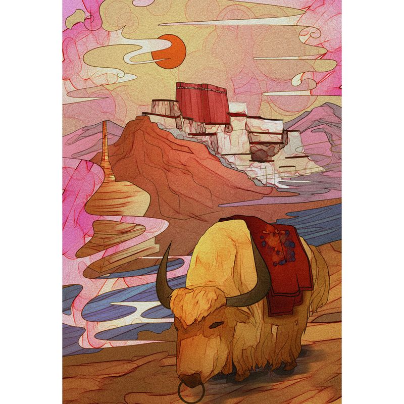 Waterproof Tibetan Yak Mural Decal Chinese Style Non-Woven Wall Covering, Custom Size