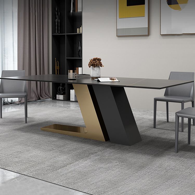 Gold Metal Base Rectangle Table Modern Black and White Sintered Stone Top Dining Table