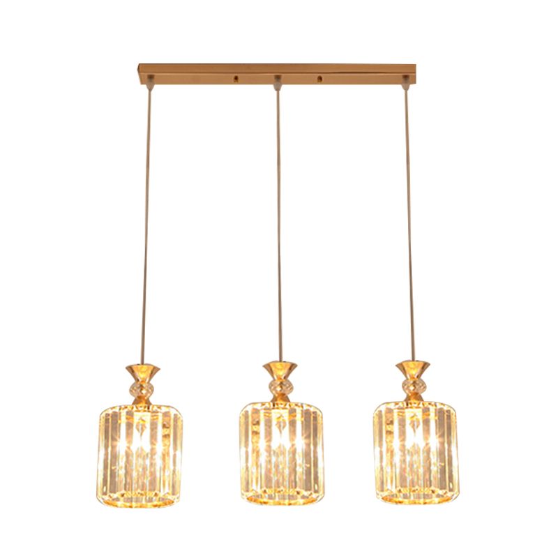 Gold Cylinder Ceiling Suspension Light Simple 3 Lights Crystal Prisms Multi Pendant Lamp Fixture