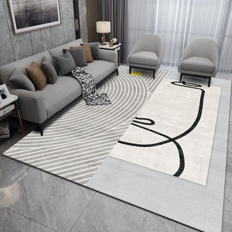 White Tone Modern Area Rug Polyester Abstract Lines Rug Non-Slip Backing Indoor Rug for Living Room