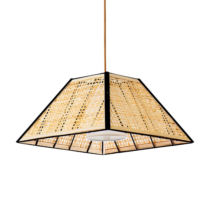 1 Head Tea House Pendulum Light Asian Beige Suspended Pendant Lamp with Pyramid Rattan Shade