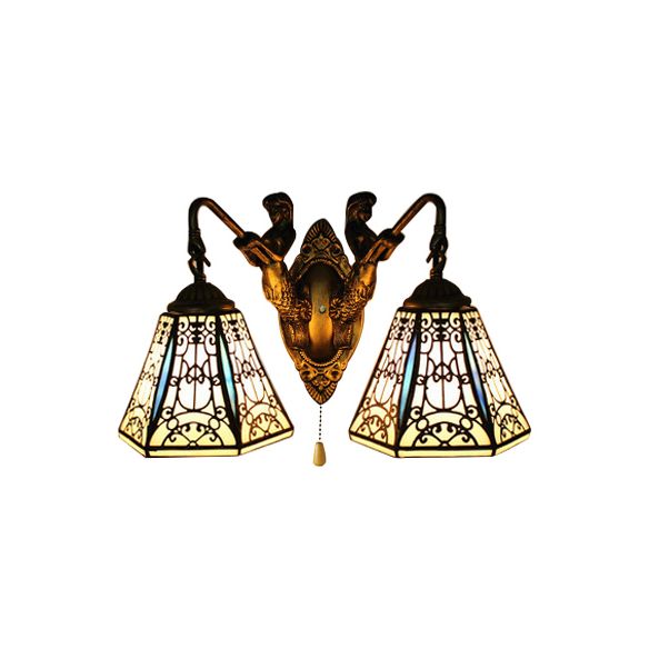 Flared Sconce Light Baroque Black-White Glass 2 Heads Antique Brass Wall Mount Light with Pull Chain