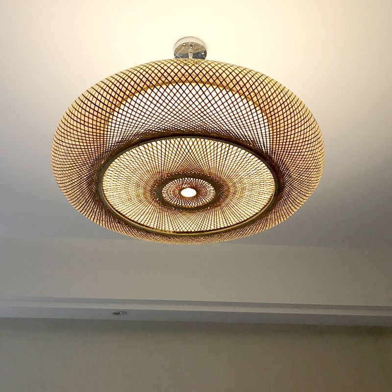 Rounded Drum Bamboo Pendant Lighting Fixture Modern Style Beige Hanging Light Fixture