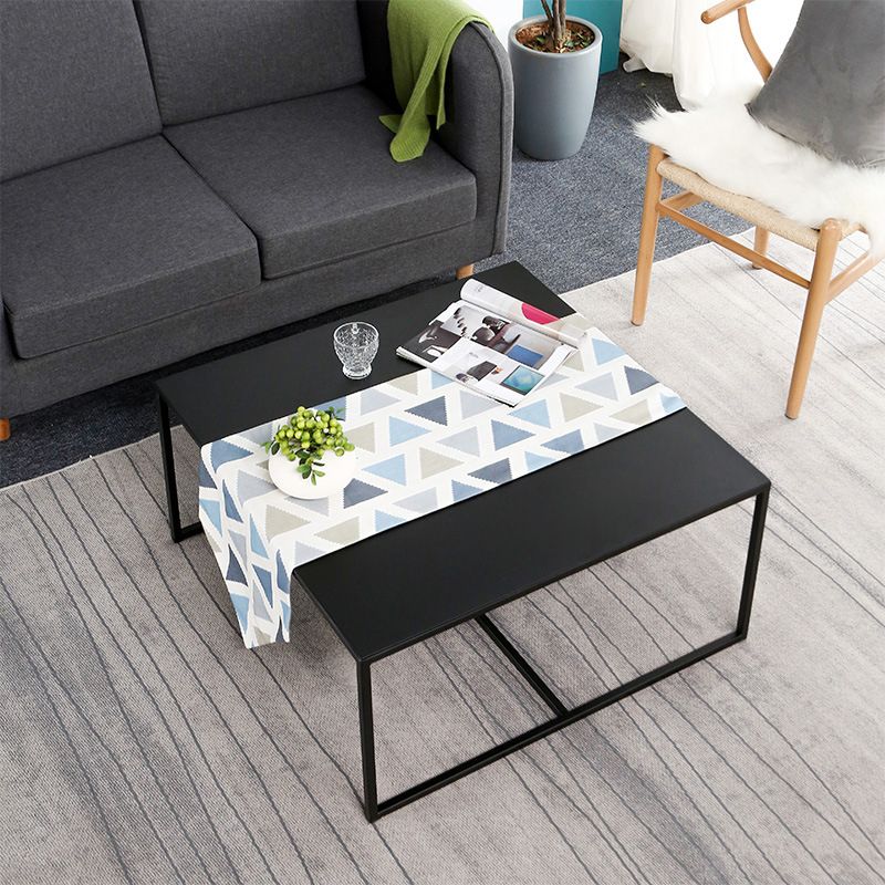 Mid-Century Modern Iron Square Coffee Table with Trestle Base Cocktail Table