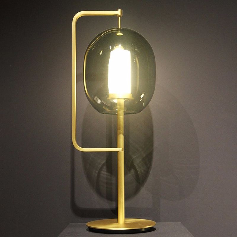 Minimal Oval Table Lamp Smoke Glass 1-Head Dining Room Nightstand Light with Right Angle Arm