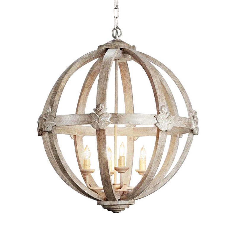 4-Bulb Hanging Lamp Kit Rustic Bedroom Candle Pendant Chandelier with Spherical Wood Shade