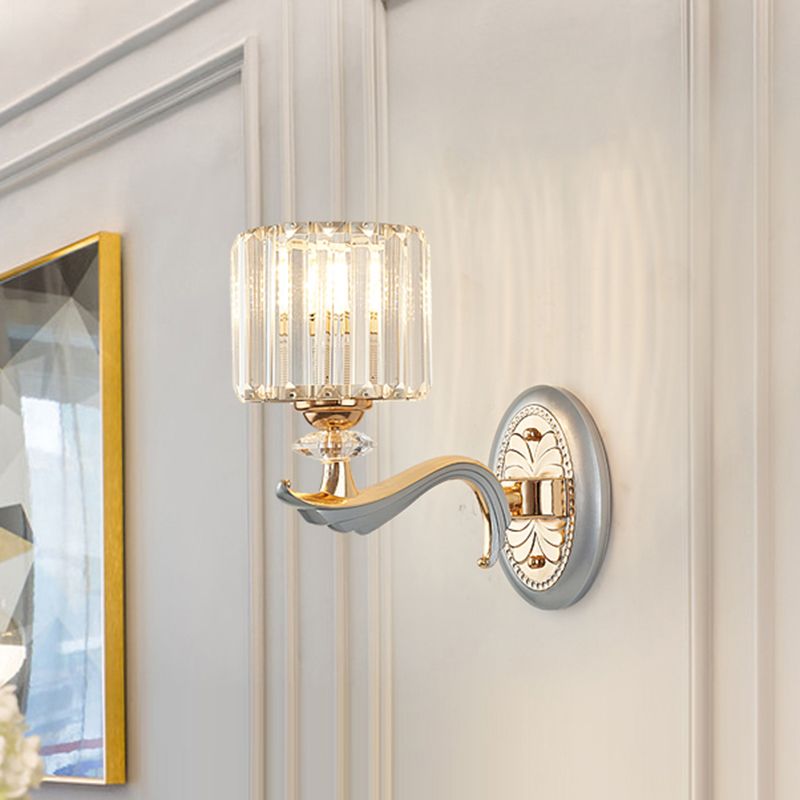 1/2 Lights Cylinder Sconce Light with Clear Crystal Shade Modern Flush Mount Wall Sconce in Silver Finish
