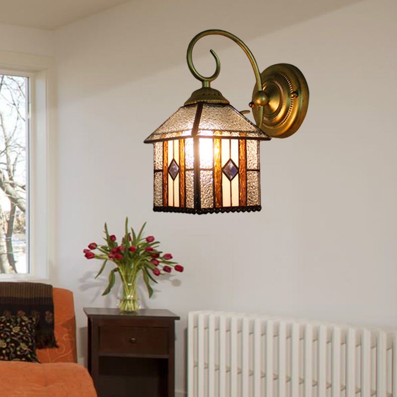 Bedroom Hanging House Wall Sconce Art Glass 1 Head Tiffany Creative Wall Light with Curved Arm in Brass