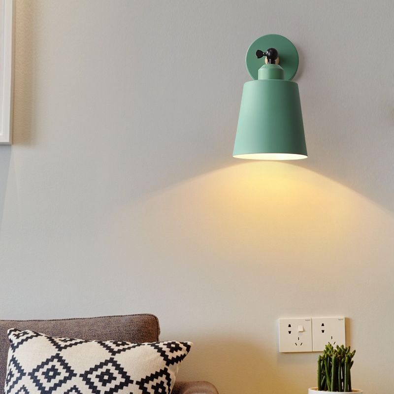 Nordic Macaroon Style Sconce Lights Conical Metal Shade Single Bulb Wooden Wall Mount Lamp for Bedroom