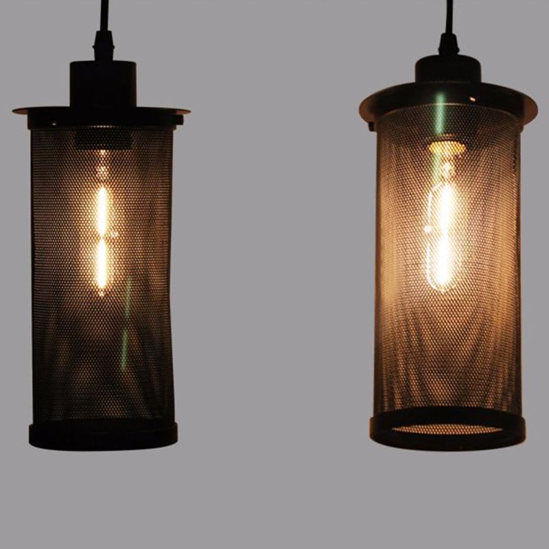 Black Cylindrical Iron Cage Hanging Light Retro Industrial Style Single Bulb Pendant Fixture