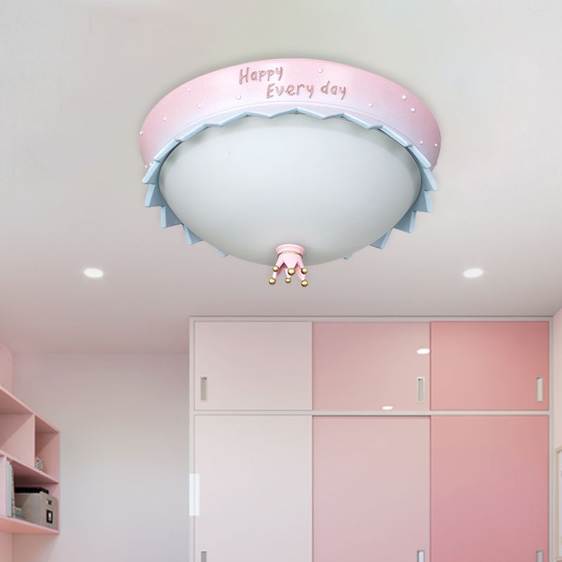 Pink Scalloped Edge Dome LED Flush Mount Cartoon Resin Close to Ceiling Light with Frosted White Glass Shade