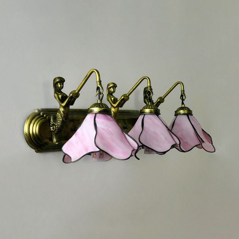 Tiffany Flower Wall Mount Light Fixture 3 Heads Pink/Blue Glass Sconce Lighting with Mermaid Decoration