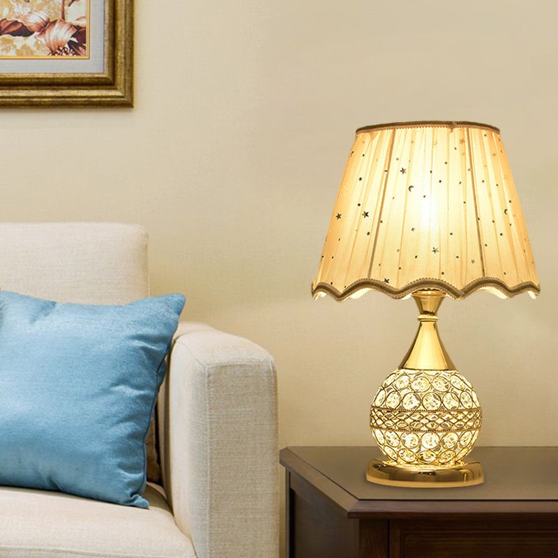 Crystal Embedded Gold Nightstand Lamp Sphere Framed 1 Bulb Traditional Table Light with Star-Patterned Shade