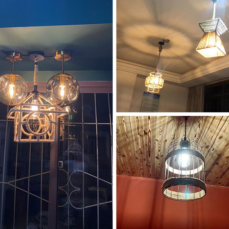 Luce sospesa in gabbia in gabbia di canapa rustica 1 ristorante lampadario a sospensione in marrone