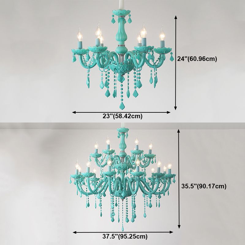 Multi Light Candle Branch Hanging Pendant Modern Style Crystal Hanging Lighting in Green