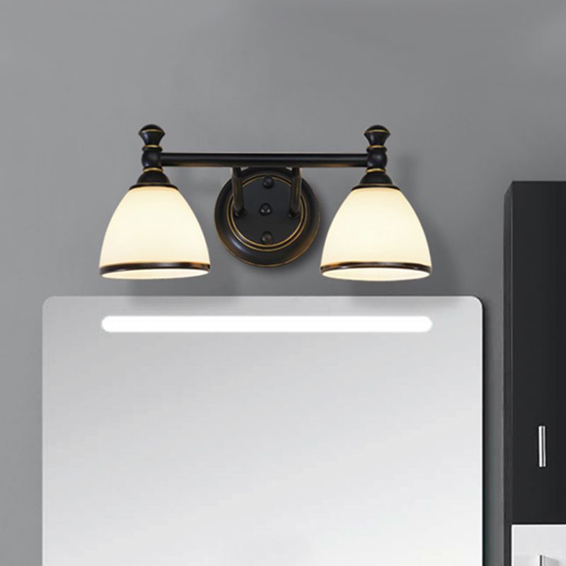 Milky Glass Black Vanity Sconce Tapered 2/3 Lights Retro Style Wall Lighting Idea for Shower Room