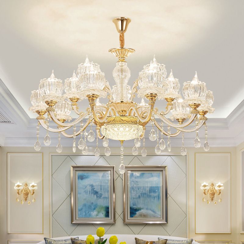 Ribbed Crystal Flower Ceiling Lighting Traditional Living Room Chandelier Light with Crystal Draping in Clear