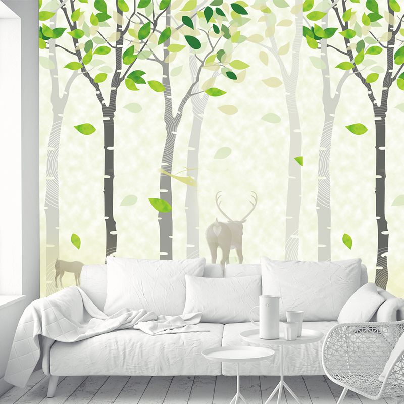 Deer in Spring Forest Murals Yellow-Green Nordic Style Wall Covering for Living Room