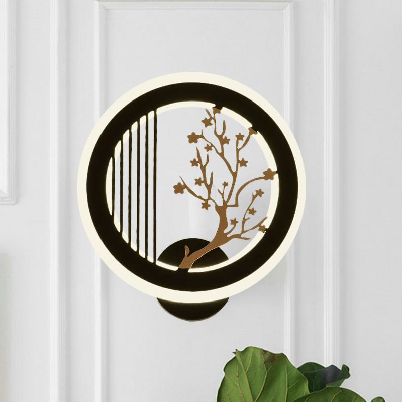 Asia LED Mural Light Fixture Black Plum Tree/Bamboo Patterned Round Wall Mounted Lamp with Acrylic Shade