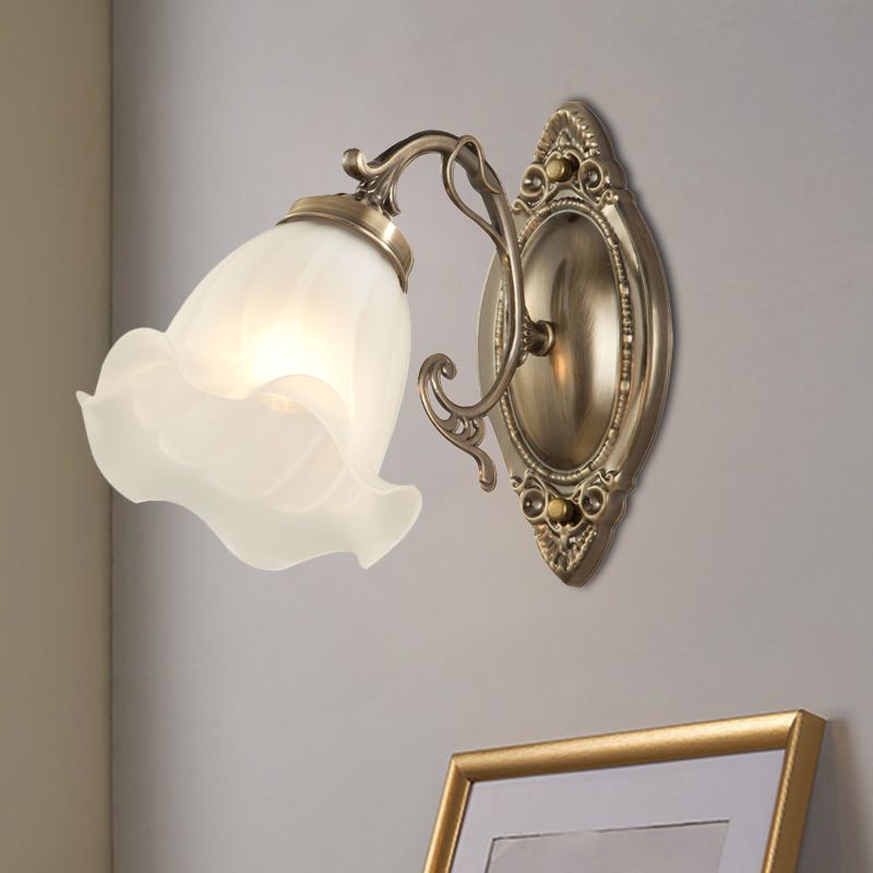 Frosted White Glass Ruffle Sconce Light Traditional 1/2-Head Corner Wall Mount Light in Bronze/Copper
