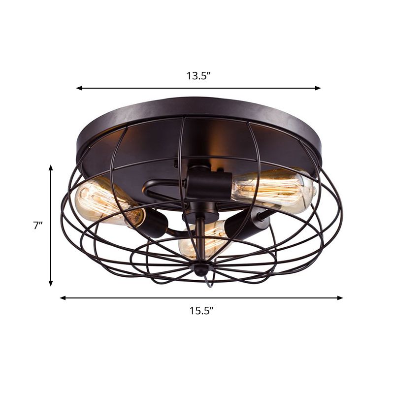 3-Light Caged Flush Mount Ceiling Light Industrial Black Metal Lighting Fixture for Corridor