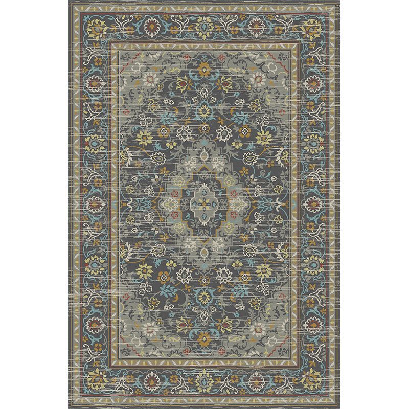 Grey Tone Vintage Area Rug Polyester Medallion Rug Non-Slip Backing Indoor Rug for Living Room